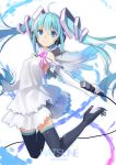  2018 ahoge aqua_hair bangs bare_shoulders black_footwear black_legwear blue_eyes blush boots breasts character_name closed_mouth commentary_request dress elbow_gloves eyebrows_visible_through_hair full_body gloves hair_between_eyes hair_ornament hatsune_miku headphones high_heel_boots high_heels highres holding holding_microphone long_hair looking_at_viewer makadamixa microphone sleeveless sleeveless_dress small_breasts smile solo thigh_boots thighhighs twintails very_long_hair vocaloid white_background white_dress white_gloves 