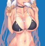  anchor_symbol azur_lane bikini black_bikini blue_background blush bottomless breasts cleavage collarbone flag_print food food_on_body german_flag_bikini groin highres holding holding_food ice_cream_cone large_breasts long_hair nail_polish navel open_mouth pandarou prinz_eugen_(azur_lane) revision silver_hair simple_background solo stomach swimsuit tan tanline tongue tongue_out two_side_up very_long_hair white_nails 