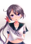 akebono_(kantai_collection) arms_behind_back bell commentary_request flower hair_bell hair_between_eyes hair_flower hair_ornament highres kantai_collection long_hair looking_at_viewer navel neit_ni_sei open_mouth purple_eyes purple_hair school_uniform serafuku short_sleeves side_ponytail smile solo white_background 