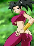  10s 1girl armband ass bangs black_eyes blush bracelet breasts butt_crack crop_top darm_engine dragon_ball dragon_ball_super earrings from_below green_sky high_ponytail hips jewelry kefla large_ass large_breasts licking_lips pants pants_pull parted_bangs ponytail potara_earrings saiyan seductive_smile smile solo spiked_hair spiky_hair standing thick_thighs thighs tongue tongue_out underboob undressing vambraces 