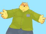  2017 anthro arufina_w blue_background blush canine clothing dog humanoid_hands male mammal one_eye_closed overweight overweight_male pants shirt simple_background solo wink 