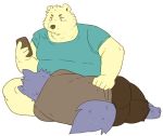  2017 anthro arufina_w bear butt canine clothing duo fur humanoid_hands male mammal overweight overweight_male pants phone purple_fur shirt simple_background white_background white_fur wolf 