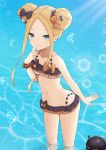  abigail_williams_(fate/grand_order) animal bangs bare_shoulders bikini black_bikini black_bow blonde_hair blue_eyes blurry blurry_background blush bow closed_mouth collarbone commentary_request coraman day depth_of_field double_bun emerald_float fate/grand_order fate_(series) forehead hair_bow hand_up highres long_hair navel octopus orange_bow outdoors parted_bangs polka_dot polka_dot_bow revision side_bun sidelocks smile solo standing swimsuit tokitarou_(fate/grand_order) wading water 