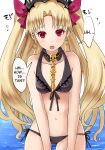  1girl :o bangs bare_arms bare_shoulders bikini black_bikini black_ribbon blonde_hair breasts collarbone commentary_request cowboy_shot detached_collar earrings ereshkigal_(fate/grand_order) fate/grand_order fate_(series) flying_sweatdrops front-tie_bikini front-tie_top gluteal_fold hair_ribbon hard_translated highres jewelry kakan_(amka) long_hair looking_at_viewer open_mouth parted_bangs pink_ribbon red_eyes ribbon side-tie_bikini simple_background skull small_breasts solo speech_bubble standing sweat swimsuit tareme tiara tohsaka_rin translated two_side_up very_long_hair water white_background 