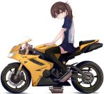  black_legwear blue_skirt brown_hair commentary_request employee_uniform full_body ground_vehicle kaga_(kantai_collection) kantai_collection lawson long_hair looking_at_viewer motor_vehicle motorcycle on_motorcycle orange_eyes pleated_skirt riding shirt side_ponytail sitting skirt solo striped striped_shirt thighhighs uniform yumesato_makura 