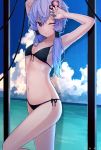  amekaze_yukinatsu arms_up bad_id bad_pixiv_id bangs bikini black_bikini blue_hair blue_sky blush breasts closed_mouth cloud commentary_request day front-tie_bikini front-tie_top gradient_hair hair_between_eyes hair_ornament highres horizon long_hair multicolored_hair ocean one_eye_closed outdoors purple_eyes purple_hair revision side-tie_bikini sky small_breasts solo standing standing_on_one_leg swimsuit twitter_username voiceroid water wet yuzuki_yukari 