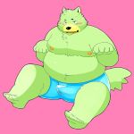  2017 arufina_w belly blush bulge canine clothing dog fur green_fur humanoid_hands male mammal moobs navel nipples overweight overweight_male pink_background simple_background sitting solo underwear 
