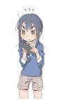  1girl ? akari_(raigou) blue_hair braid cellphone child confused cowboy_shot female looking_at_phone original phone raigou shorts simple_background solo white_background 