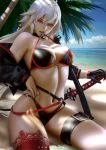  ahoge arched_back asymmetrical_legwear bare_shoulders beach belt bikini choker cloud day fate/grand_order fate_(series) gloves jacket jeanne_d'arc_(alter_swimsuit_berserker) jeanne_d'arc_(fate)_(all) katana lips long_hair looking_to_the_side mouth_hold navel o-ring o-ring_bottom o-ring_top ocean orange_eyes palm_tree sand sheath sheathed single_glove single_thighhigh sitting sky solo strap swimsuit sword teeth thigh_strap thighhighs tree water weapon white_hair zumi_(zumidraws) 