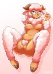  2018 alfa995 anthro areola blue_eyes breasts caprine digital_media_(artwork) female hair hi_res hooves horn looking_at_viewer mammal navel nipples pink_hair pussy sheep signature smile solo wool 