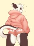  2018 anthro bearra black_fur butt cat clothed clothing english_text feline fur green_eyes hair looking_at_viewer looking_back male mammal multicolored_fur proby rear_view simple_background smile solo text two_tone_fur underwear white_fur white_hair yellow_background 