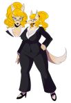  anthro big_breasts black_nose blonde_hair blue_eyes breasts canine cleavage clothed clothing collarbone dog eyewear female footwear frown fur glasses hair half-closed_eyes hand_on_hip high_heels leia_(sssonic2) mammal multicolored_fur ponytail shoes simple_background solo sssonic2 standing suit two_tone_fur white_background 