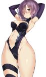  absurdres armpits arms_up ass_visible_through_thighs blush breasts cleavage cleavage_cutout commentary_request cowboy_shot elbow_gloves fate/grand_order fate_(series) gloves hair_over_one_eye highres hip_bones leotard looking_at_viewer mash_kyrielight medium_breasts navel navel_cutout purple_eyes purple_gloves purple_hair short_hair single_thighhigh solo sweat tani_wataru thigh_strap thighhighs transparent_background 