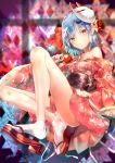  artist_name ass bangs bare_legs bare_shoulders blue_hair blush candy_apple collarbone commentary_request dated eyebrows_visible_through_hair floral_print food fox_mask full_body hair_ribbon highres holding holding_food japanese_clothes kimono knee_up mask mask_on_head no_hat no_headwear obi off_shoulder pointy_ears red_eyes red_footwear red_kimono red_ribbon remilia_scarlet ribbon sakusyo sandals sash shiny shiny_skin short_hair short_kimono signature socks solo thighs touhou white_legwear 