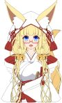  :d amino_dopple animal_ear_fluff animal_ears bangs bell blonde_hair blue_eyes blunt_bangs blush breasts ears_through_headwear eyebrows_visible_through_hair fox_ears fox_tail hair_bell hair_ornament hood hood_up jingle_bell large_breasts long_hair long_sleeves looking_at_viewer low_twintails off_shoulder open_mouth original red-framed_eyewear semi-rimless_eyewear short_eyebrows smile solo tail transparent_background twintails under-rim_eyewear upper_body 