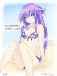  10s 1girl absurdres beach bikini blue_eyes braid breasts choujigen_game_neptune cleavage dated female hard_translated highres long_hair neptune_(choujigen_game_neptune) neptune_(series) purple_hair purple_heart ramu-on@_shinon solo swimsuit symbol-shaped_pupils translated twin_braids 