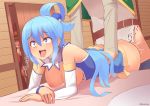  2girls ahegao aqua_(konosuba) ass bare_shoulders belt bent_over blue_eyes blue_hair blush breasts breasts_outside capelet commentary detached_sleeves doggystyle eyebrows_visible_through_hair hair_between_eyes hair_ornament hair_rings hetero indoors kazu-koto kono_subarashii_sekai_ni_shukufuku_wo! long_hair medium_breasts megumin multiple_girls nipples open_mouth peeking_out revision satou_kazuma sex solo_focus tears tongue tongue_out torso_grab walk-in 