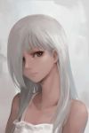  bangs bare_shoulders closed_mouth commentary dress english_commentary grey_background grey_eyes grey_hair hair_over_one_eye highres long_hair looking_at_viewer oopartz_yang original solo uma_(oopartz_yang) upper_body white_dress 