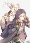  1girl atoatto back-to-back bangs bare_shoulders belt black_gloves buckle cloak commentary crossed_legs dual_persona female_my_unit_(fire_emblem:_kakusei) finger_to_cheek fire_emblem fire_emblem:_kakusei fire_emblem_heroes from_above gimurei gloves hair_between_eyes holding_hoodie hood looking_back looking_up male_my_unit_(fire_emblem:_kakusei) my_unit_(fire_emblem:_kakusei) pants parted_lips red_eyes robe short_hair silver_hair tank_top twintails 
