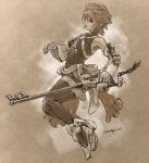  aqua_(kingdom_hearts) bare_shoulders breasts closed_mouth covered_collarbone detached_sleeves eyebrows_visible_through_hair fingerless_gloves full_body gloves holding holding_weapon isakawa_megumi keyblade kingdom_hearts kingdom_hearts_birth_by_sleep left-handed long_sleeves sepia short_hair small_breasts solo thighhighs turtleneck twitter_username weapon wide_sleeves zettai_ryouiki 