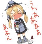  &gt;_&lt; ahenn anchor anchor_hair_ornament black_ribbon black_skirt blonde_hair commentary_request crying directional_arrow food gloves hair_ornament hat holding ice_cream ice_cream_cone ice_cream_cone_spill iron_cross kantai_collection long_hair low_twintails military military_hat military_uniform open_mouth peaked_cap prinz_eugen_(kantai_collection) ribbon simple_background skirt solo twintails uniform white_background white_gloves 