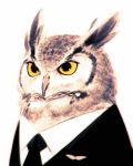  animal_focus animalization beak bird business_suit clothed_animal commentary english_commentary formal highres ilya_kuvshinov necktie no_humans original owl suit white_background 