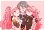  2girls black_gloves braid closed_eyes closed_mouth commentary_request family father_and_daughter fire_emblem fire_emblem:_kakusei fire_emblem_if gloves grandmother_and_granddaughter grey_hair hairband happy_birthday highres kona_(rabbitrabbit2037) lazward_(fire_emblem_if) long_hair long_sleeves midriff mother_and_son multiple_girls navel olivia_(fire_emblem) one_eye_closed open_mouth pink_background pink_eyes pink_hair ponytail see-through short_hair simple_background soleil_(fire_emblem_if) twin_braids white_hairband 
