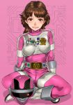 1girl belt blush bodysuit boots breasts brown_hair choudenshi_bioman erect_nipples feet groin helmet highres hikaru_(bioman) holster legs looking_at_viewer parted_lips pink_background pink_clothes red_eyes sakuradou short_hair simple_background sitting small_breasts smile solo super_sentai thighs 