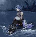  aqua_(kingdom_hearts) bare_shoulders beach black_legwear blue_eyes blue_hair closed_mouth crossed_arms detached_sleeves eyebrows_visible_through_hair fingerless_gloves gloves grey_gloves isakawa_megumi kingdom_hearts kingdom_hearts_birth_by_sleep knees_together_feet_apart long_sleeves looking_at_viewer short_hair sitting sky solo star_(sky) starry_sky thighhighs turtleneck twitter_username water zettai_ryouiki 