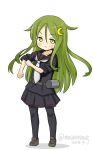  black_legwear black_serafuku crescent crescent_hair_ornament dated depth_charge full_body green_eyes green_hair hair_ornament kantai_collection long_hair looking_at_viewer masara_(masalucky2010) nagatsuki_(kantai_collection) necktie pantyhose rolling_sleeves_up school_uniform serafuku simple_background sleeves_rolled_up solo standing twitter_username white_background white_neckwear younger 