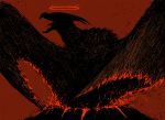  bird_wings claws commentary english_commentary fangs fire godzilla:_king_of_the_monsters godzilla_(series) halo horns kaijuu large_wings molten_rock monster no_humans open_mouth red_background rock rodan rodan_(godzilla:_king_of_the_monsters) scales sharp_teeth teeth volcano wings 