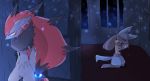  2018 ambiguous_gender anthro blue_eyes canine digital_media_(artwork) door duo eyes_closed fur hair hi_res kneeling looking_down lucario mammal night nintendo pok&eacute;mon pok&eacute;mon_(species) praying simple_background star video_games zoroark ヒツジ 