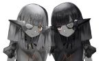  bangs black_hair brown_eyes closed_mouth commentary_request eyebrows_visible_through_hair eyepatch girls_frontline grey_hair head_tilt headpiece highres long_hair lunacats monochrome multiple_girls nyto_obelisk_(girls_frontline) nyto_polarday_(girls_frontline) simple_background smile spot_color very_long_hair whisker_markings white_background 