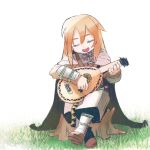  :d bard_(sekaiju) boots bracer brown_footwear brown_hair cape closed_eyes closed_mouth crossed_legs facing_viewer grass head_tilt holding holding_instrument instrument long_hair long_sleeves music open_mouth playing_instrument reiesu_(reis) sekaiju_no_meikyuu simple_background smile solo white_background 