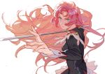  black_jacket blue_eyes closed_mouth commentary_request epaulettes fighting_stance fingernails floating_hair highres holding holding_sword holding_weapon jacket long_hair long_sleeves misaq pink_hair rapier shoujo_kakumei_utena solo sword tenjou_utena upper_body very_long_hair weapon 