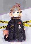  abigail_williams_(fate/grand_order) bangs black_bow black_jacket blonde_hair blue_eyes bow caution_tape chromatic_aberration closed_mouth commentary_request cowboy_shot eyebrows_visible_through_hair fate/grand_order fate_(series) freonclayr hair_bow hair_bun heroic_spirit_traveling_outfit jacket key long_hair long_sleeves looking_at_viewer object_hug orange_bow parted_bangs polka_dot polka_dot_bow revision sleeves_past_fingers sleeves_past_wrists solo standing star stuffed_animal stuffed_toy teddy_bear 