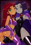  ass breasts cameltoe cape cleavage commentary english_commentary forehead_jewel gloves highres latex latex_legwear leotard merunyaa multiple_girls raven_(dc) skirt starfire teen_titans thighhighs 