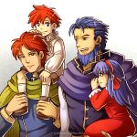  3boys beard blue_eyes blue_hair carrying cloak commentary dress eliwood_(fire_emblem) english_commentary facial_hair father_and_daughter father_and_son fire_emblem fire_emblem:_fuuin_no_tsurugi gzei hector_(fire_emblem) highres lilina multiple_boys purple_eyes red_hair roy_(fire_emblem) smile 