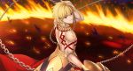  blonde_hair chain ea_(fate/stay_night) earrings enkidu_(weapon) fate/stay_night fate_(series) faulds from_behind gilgamesh hair_between_eyes hand_on_head highres holding holding_weapon jewelry looking_at_viewer male_focus morokoshi_(tekku) necklace parted_lips red_eyes solo standing tattoo weapon 