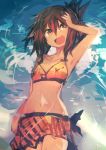  absurdres arm_up armpits bangs bikini blue_background brown_eyes brown_hair commentary_request cowboy_shot folded_ponytail hair_between_eyes hand_in_hair highres inazuma_(kantai_collection) kaamin_(mariarose753) kantai_collection navel open_mouth sarong sky smile solo standing swimsuit yellow_bikini 