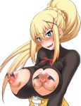  aqua_eyes blonde_hair blue_eyes blush bodystocking bodysuit breasts darkness_(konosuba) hair_between_eyes hair_ornament heart heart-shaped_pupils high_ponytail kono_subarashii_sekai_ni_shukufuku_wo! large_breasts long_hair looking_at_viewer matou nipple_clamps puffy_nipples sidelocks simple_background solo sweat symbol-shaped_pupils torn_bodysuit torn_clothes upper_body wavy_mouth white_background x_hair_ornament 