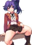  black_hair black_legwear blazer bow fujisawa_aya_(gundam_build_divers) gundam gundam_build_divers hair_between_eyes harihisa highres jacket long_hair looking_at_viewer panties pantyshot pantyshot_(sitting) pleated_skirt ponytail purple_eyes school_uniform shirt side_ponytail sitting skirt smile solo spread_legs underwear white_shirt 