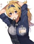  alternate_costume alternate_hairstyle amakaze arms_up bangs blonde_hair blue_eyes blue_hairband blue_shirt blush breast_pocket breasts buttons character_name collared_shirt commentary_request employee_uniform eyebrows_visible_through_hair flying_sweatdrops gambier_bay_(kantai_collection) hair_between_eyes hair_tie hair_tie_in_mouth hairband highres holding holding_hair kantai_collection large_breasts lawson long_hair messy_hair mouth_hold name_tag pen pocket ponytail shirt short_sleeves sidelocks simple_background solo sweat tearing_up tying_hair uniform upper_body white_background 