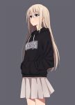  black_hoodie blonde_hair blue_eyes cowboy_shot expressionless grey_background hair_between_eyes hands_in_pockets highres hood hoodie long_hair original pleated_skirt simple_background skirt solo yahiro_(epicopeiidae) 