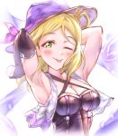  ;p absurdres armpits arms_behind_head asymmetrical_gloves black_gloves blonde_hair blush breasts cleavage cropped_torso elbow_gloves floating_hair gloves green_eyes halterneck hat hat_ribbon highres holding long_hair looking_at_viewer love_live! love_live!_sunshine!! medium_breasts ohara_mari one_eye_closed pink_ribbon purple_hat ribbon shaka_(staito0515) sleeveless solo sun_hat tongue tongue_out upper_body white_background 