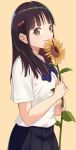  bangs black_hair bow bowtie eyebrows_visible_through_hair flower green_eyes hair_ornament hairclip highres holding holding_flower itachi_kanade long_hair looking_at_viewer open_mouth original profile school_uniform short_sleeves sideways_mouth solo standing striped striped_neckwear sunflower yellow_background 