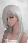  bangs bare_shoulders closed_mouth commentary dress english_commentary grey_background grey_eyes grey_hair hair_over_one_eye long_hair looking_at_viewer oopartz_yang original solo uma_(oopartz_yang) upper_body white_dress 