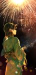  brown_eyes brown_hair commentary_request fireworks floral_print from_behind green_kimono hair_ornament holding japanese_clothes kimono kinchaku long_sleeves looking_up night night_sky obi open_mouth original pouch sasamori_tomoe sash sky solo summer_festival wide_sleeves 
