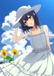  :d blue_dress blue_hair cloud cloudy_sky day dress flower hand_on_headwear hat highres idolmaster idolmaster_shiny_colors looking_at_viewer medium_hair morino_rinze open_mouth red_eyes see-through_sleeves sky smile solo sunflower yahiro_(epicopeiidae) 