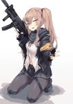  :d bee_(deadflow) belt black_footwear black_neckwear black_ribbon boots bright_pupils brown_eyes brown_hair eyebrows_visible_through_hair fang fingerless_gloves flashbang girls_frontline gloves grey_gloves grey_jacket grey_legwear grey_scarf grey_skirt gun h&amp;k_ump hair_between_eyes heckler_&amp;_koch highres holding holding_weapon jacket knee_pads kneeling long_hair long_sleeves looking_at_viewer navel neck_ribbon one_side_up open_clothes open_jacket open_mouth pantyhose pleated_skirt ribbon scarf simple_background skirt smile solo submachine_gun trigger_discipline ump9_(girls_frontline) w weapon white_background 